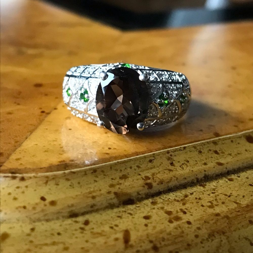 Natural Smoky Quartz Sterling Silver Art Deco Ring Size 8